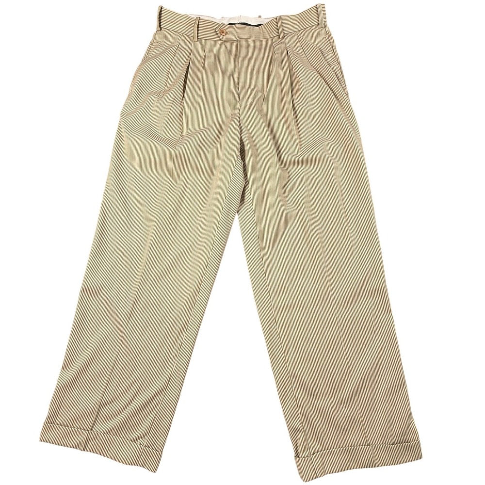 Lineage Dress Pants Mens 36x30 Tan Pinstripe Excellent Pleated Cuffed Rayon